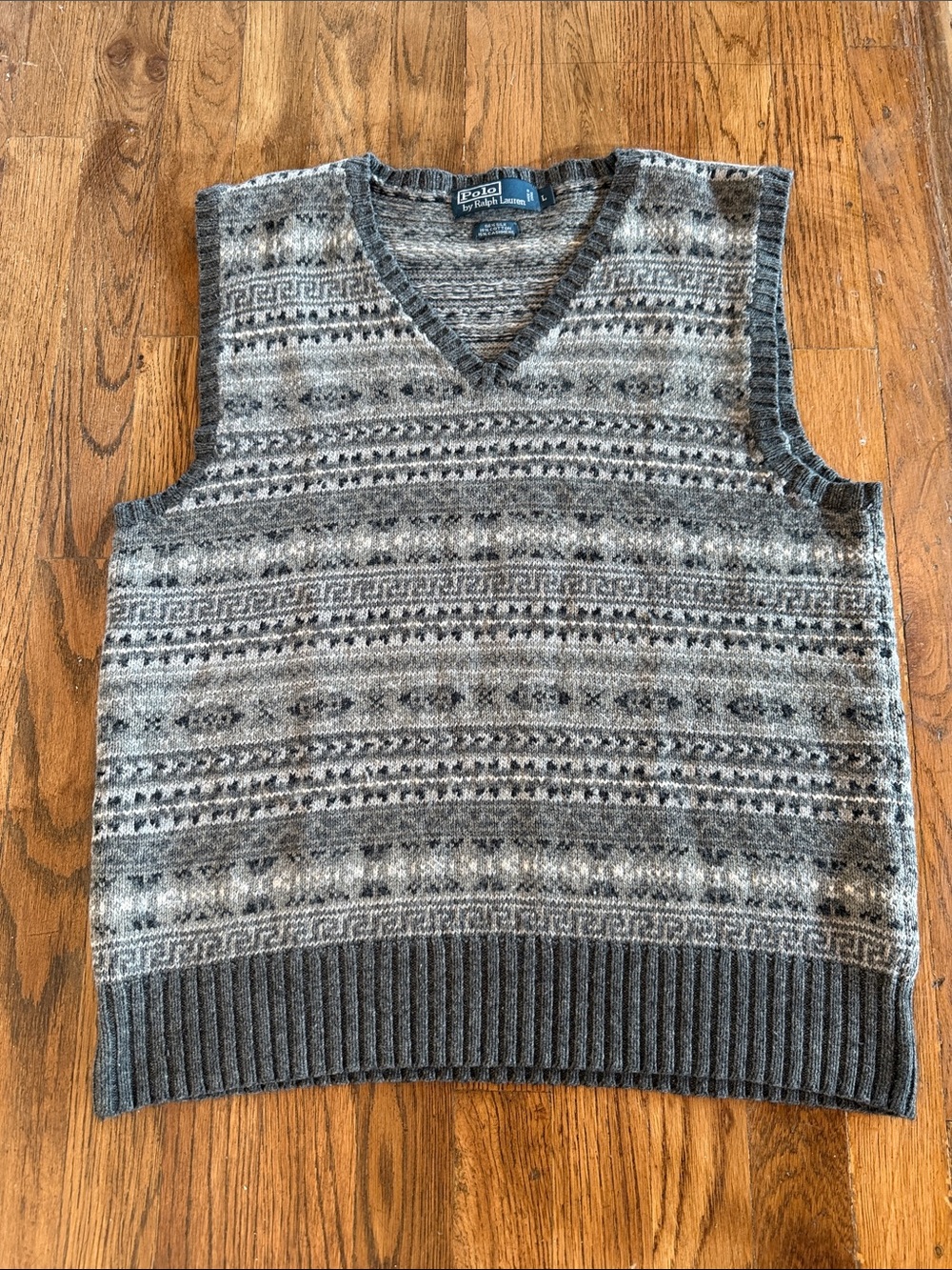 Silk Cashmere Polo Ralph Lauren Gray Faire-Isle V-Neck Sweater Vest Large